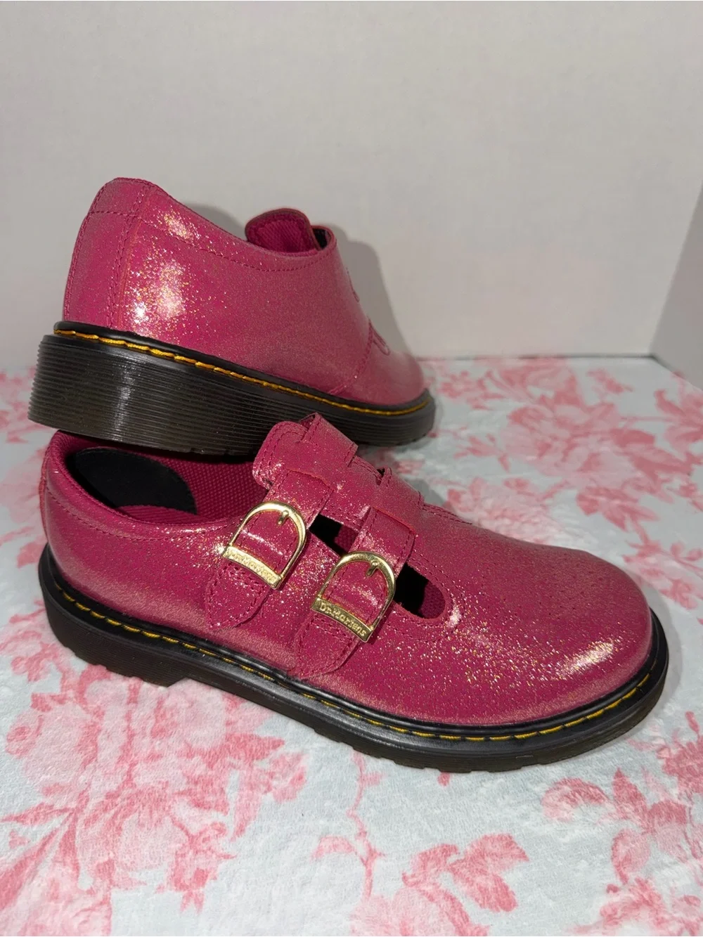 Dr. Martens Kids Glitter Mary Jane Shoes in Hot Pink